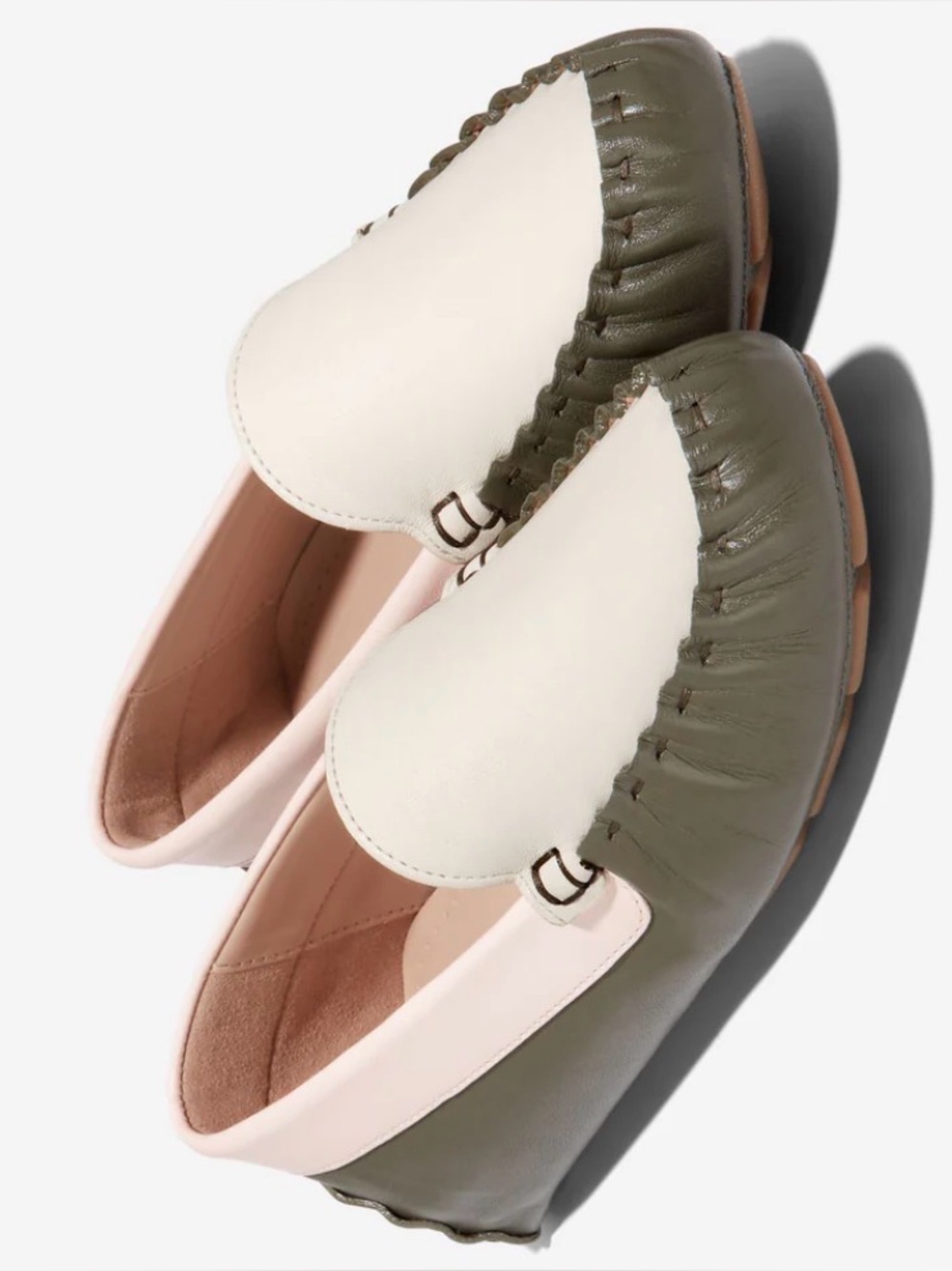 Cole Haan Olive Green and Cream Leather Moccasin Flats
